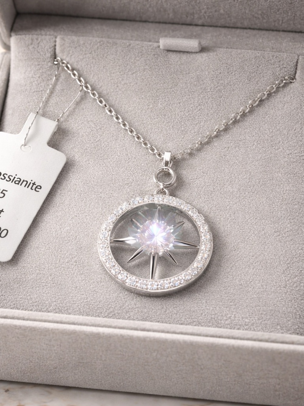 Sterling Silver Mosanite Crystal Compass Pendant Necklace